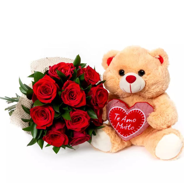 Buquê 10 Rosas Importadas+pelúcia
